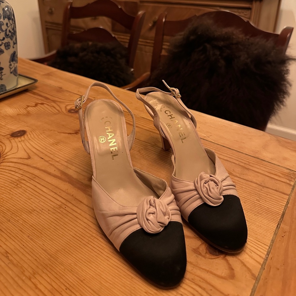 Vintage Chanel Beige and Black Slingback Heels